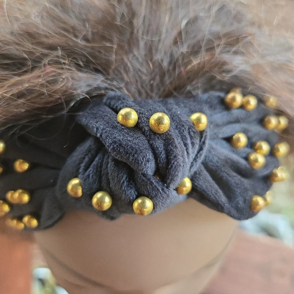 Black top knot wide chunky headband dotted with gold studs Y2K